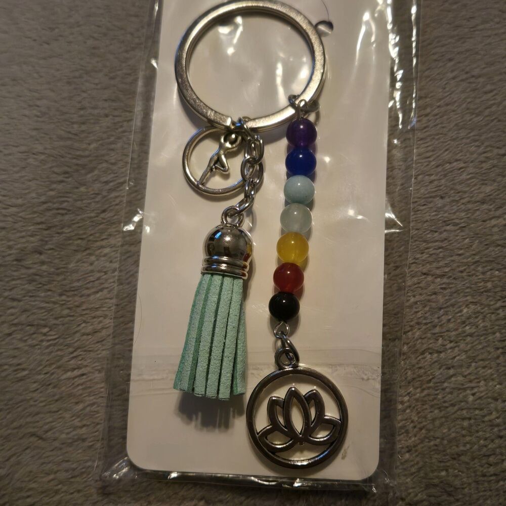Yoga Keychain Lotus Flower Tree Pose Charms Chakra Beads Tassel